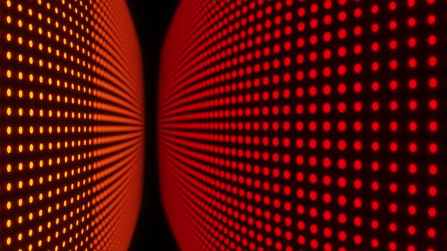 Abstract 3D technological cyber background featuring a curved wall of glowing red LED dots moving smoothly for digital data visualization