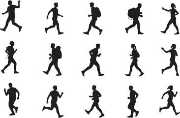 Fototapeta premium Black silhouette people walking and running poses, dynamic human movement collection, backpacks, diverse postures, motion study vector illustration