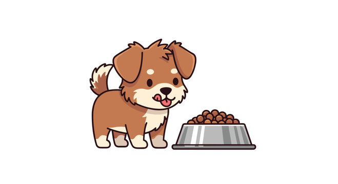 A small brown puppy with white markings stands beside a stainless steel bowl filled with dry food while licking its lips against a plain white background.