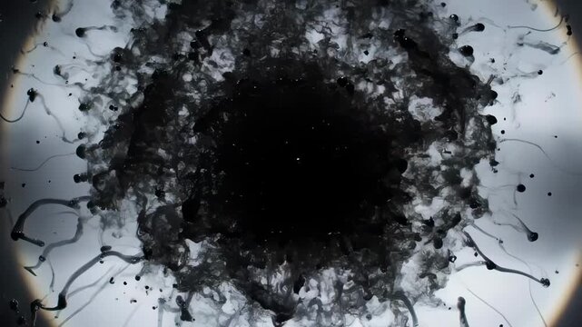 Dynamic abstract video background featuring a dramatic black ink and particle explosion bursting outward from center with flowing tendrils against a light backdrop.