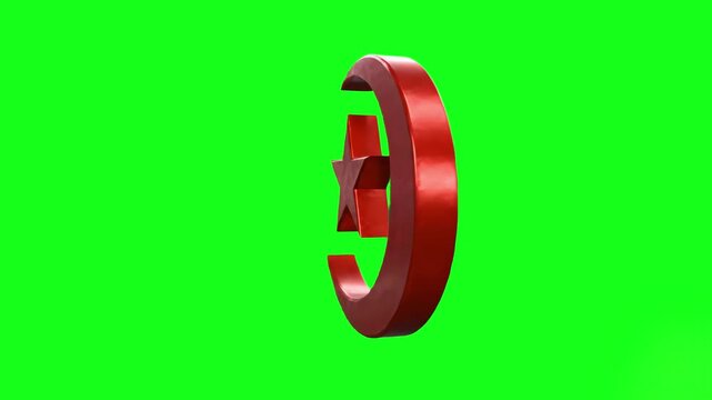 A rotating or static 3D model of a metallic red crescent and star symbol. This religious icon on a chroma key background is designed for Ramadan, Eid, or Islamic-themed motion graphics.
