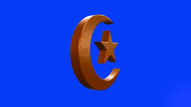 A 3D animated crescent moon with a star in a bronze or copper metallic finish. This religious icon on a blue screen is ideal for cultural presentations and festive Islamic greeting videos.