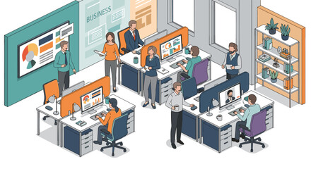 Fototapeta premium Isometric office environment depicts team collaboration, business meetings, and data analysis, with professionals working on computers, showcasing modern workspace design and