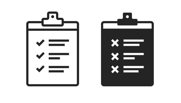 Clipboard check list report icon line stroke outline vector, rejected failure exam checklist with tick marks solid bold illustration, test survey task inspection form, audit assessment sign symbol
