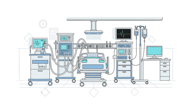 Detailed illustration of a hospital ICU medical equipment setup with various machines and monitors on wheels against a white background.