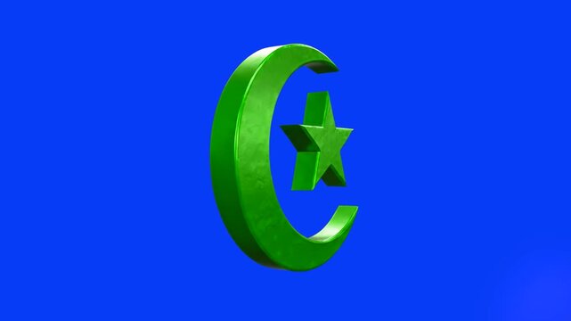 A glossy green 3D model of the crescent and star, a symbol of Islam, isolated on a solid blue background. High-quality render suitable for Ramadan, Eid, and religious holiday content.