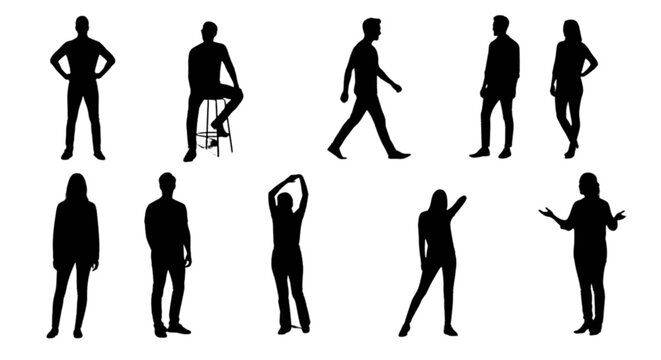 Silhouettes of people in different poses isolated on transparent background, Vector
