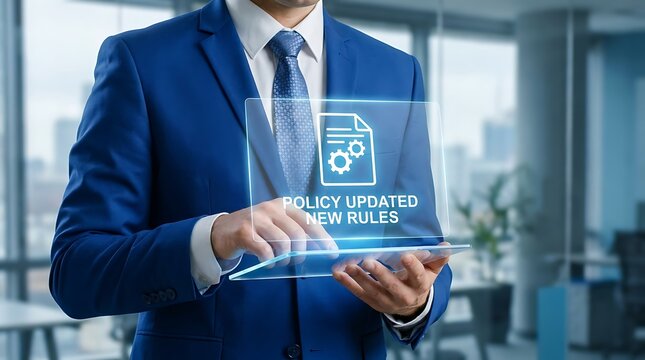 Businessman reviewing updated policy and new rules on tablet with business regulation corporate compliance document analysis