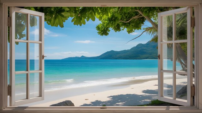 A serene tropical beach scene viewed through a window with open white shutters, showing turquoise water, white sand, and lush greenery.