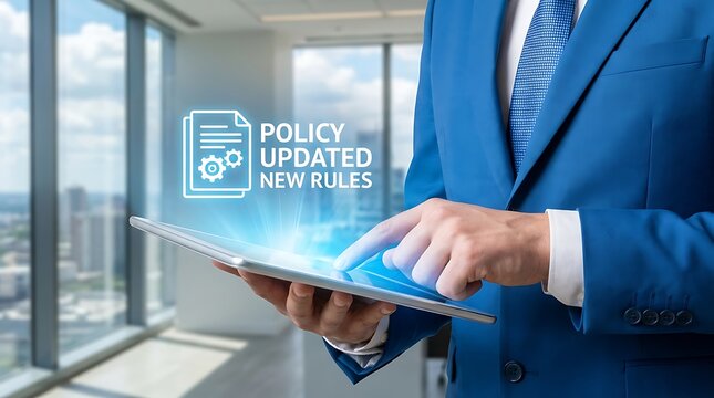 Businessman touching tablet screen showing updated policy and new rules with office building business regulation corporate