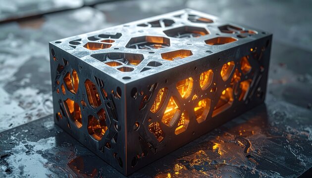 A sophisticated metallic quantum computation unit housed inside an intricate geometric lattice structure featuring internal glowing amber light, perfect for advanced tech visuals.
