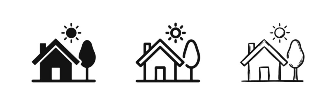 House icon set with tree and sun representing home, real estate, and eco-friendly living.
