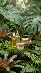 Fototapeta premium The background is a part of the lush tropical rainforest, with broad-leaved plants covered with dew, giving the beauty products a natural, fresh and high-end feel.