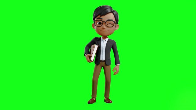 A professional 3D animated South Asian man with brown skin and glasses, winking while holding a book. This educator mascot on a chroma key background is ideal for academic tutorials and inclusive lear