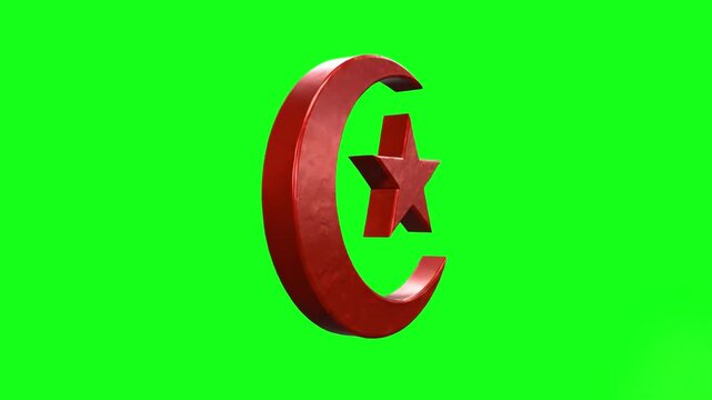 A rotating or static 3D model of a metallic red crescent and star symbol. This religious icon on a chroma key background is designed for Ramadan, Eid, or Islamic-themed motion graphics.