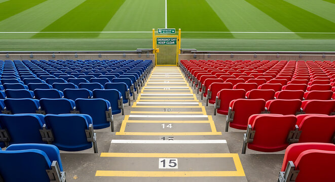 Empty stadium seating area with blue and red rows of seats at football ground, outdoor sports venue with green grass pitch, rows of spectator chairs at professional arena, architecture of sports facil