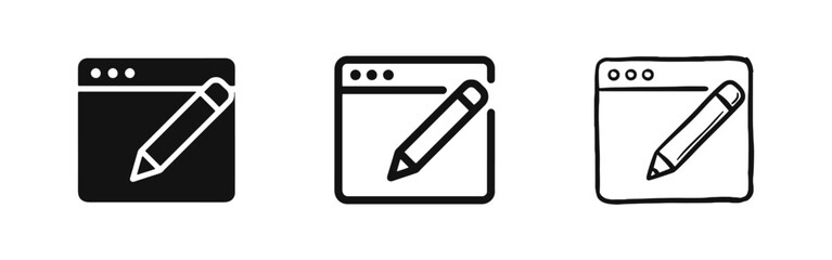 Web editing icon set with browser and pencil for content creation and website management. © drawing lines
