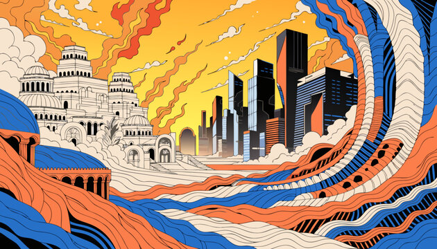 Ancient architectural monuments merge with futuristic skyscrapers in a vibrant conceptual illustration featuring flowing organic design patterns throughout