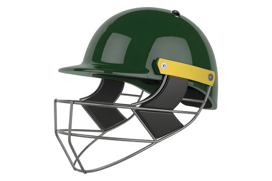 Green cricket helmet with yellow buckle isolated on transparent background