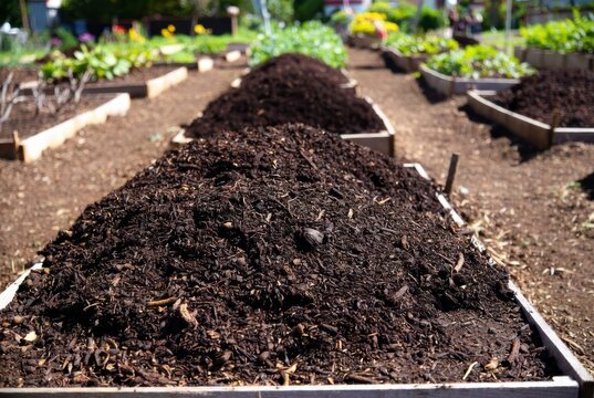 Freshly prepared raised garden beds filled with rich, dark compost ready for planting.