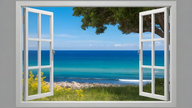A serene ocean view through an open white window