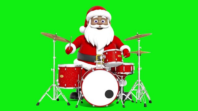 An energetic 3D animated black Santa Claus playing a red drum kit. This high-quality animation on a green screen background is ideal for upbeat Christmas commercials and holiday-themed musical content