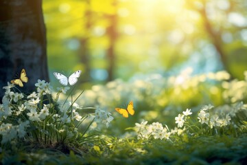 Fototapeta premium Butterflies are flying over blooming white flowers in a sun drenched spring forest