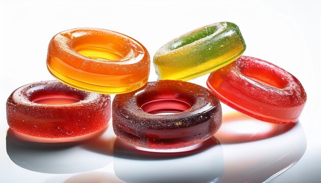 multiple gummy rings gently falling with realistic texture and natural lighting on white background