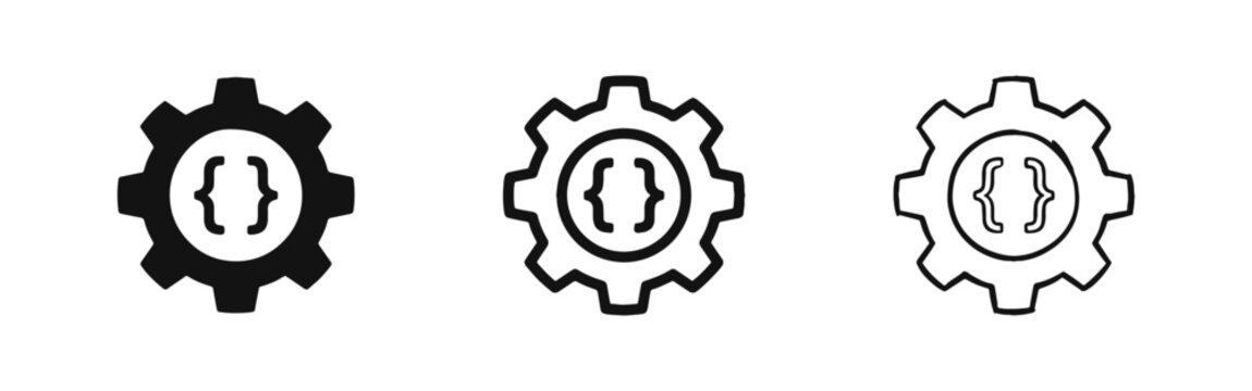 Coding and development icon set with gear and curly brackets for software engineering.