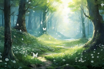 Fototapeta premium Sunlit forest path winding through wildflowers with white butterflies flying around