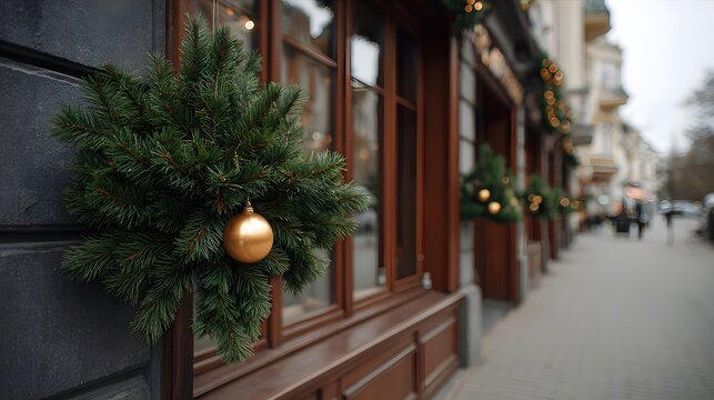 Festive seasonal deco ns adorn the storefronts along a bustling urban street on a cool winter day