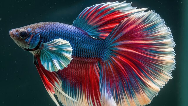 A vibrant betta fish swims in the water with its colorful fins spread out