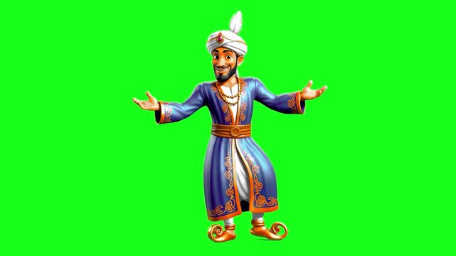 A 3D animated Middle Eastern sultan or padishah in a purple robe and turban dancing with arms outstretched. This stylized royal character on a chroma key background is perfect for historical stories, 