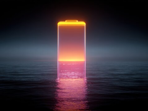 Energy crisis and battery depletion showing a glowing battery symbol partially submerged in water at sunset.