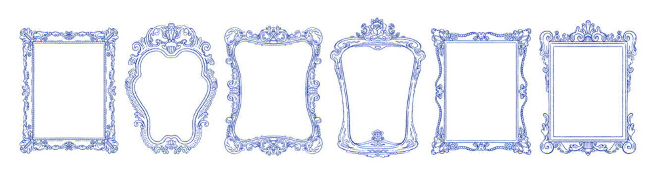 Frame with oval hand drawn design. Line border for vintage mirror, photo, picture. Antique frame border ornate vector bg. Blue wavy doodle card with floral coastal ornament for wedding menu invitation