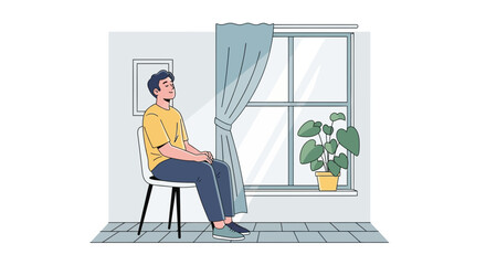 Fototapeta premium Man sitting by window, looking up, sunlight streaming through curtains, indoor plant