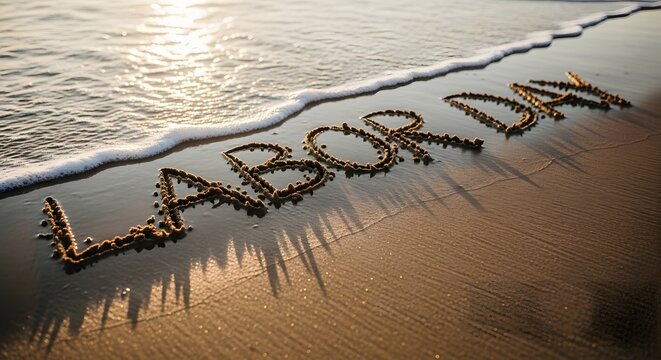 Labor day beach message celebrating workers with 'labor day' written in sand