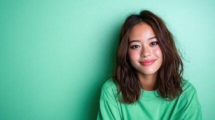 Fototapeta premium A cheerful young woman poses against a vibrant green backdrop, encapsulating joy and positive energy, perfect for themes of beauty, confidence, and happiness.