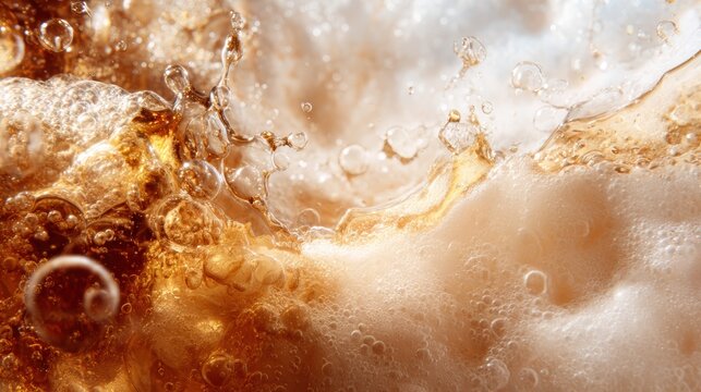 An abstract view of bubbling foam and refreshing liquid, presenting a vivid, dynamic representation of beverages in motion, capturing the essence of refreshment.
