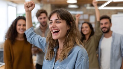 Fototapeta premium Diverse team members celebrating success and collabo n in a modern office environment expressing collective happiness and