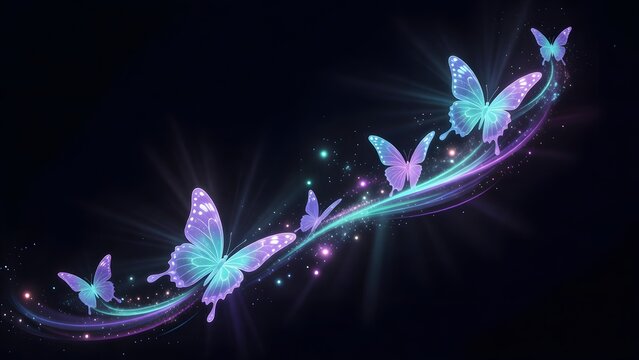 Elegant trail of glowing butterflies on a curved light beam. Ethereal fantasy atmosphere and magical nature. Radiant insects soaring through a path of shimmering purple and blue light