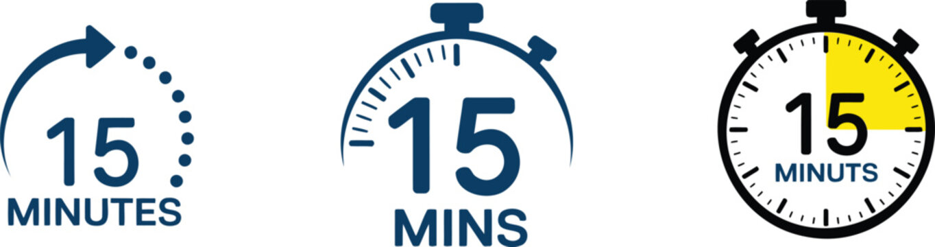 Three depicting 15 minutes, stopwatch, timer clock