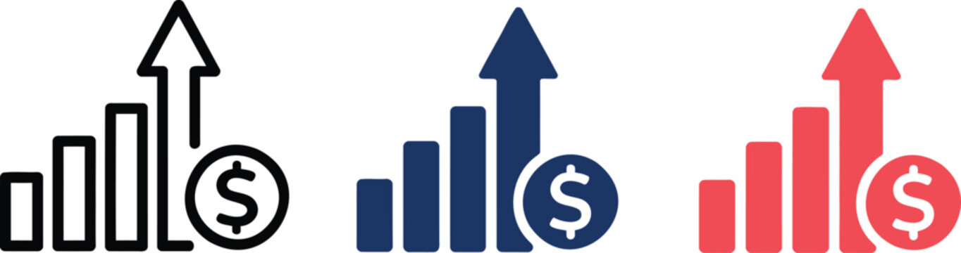 Three bar graph with upward arrows and dollar coins