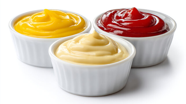 Three condiment bowls: yellow mustard red ketchup white mayonnaise