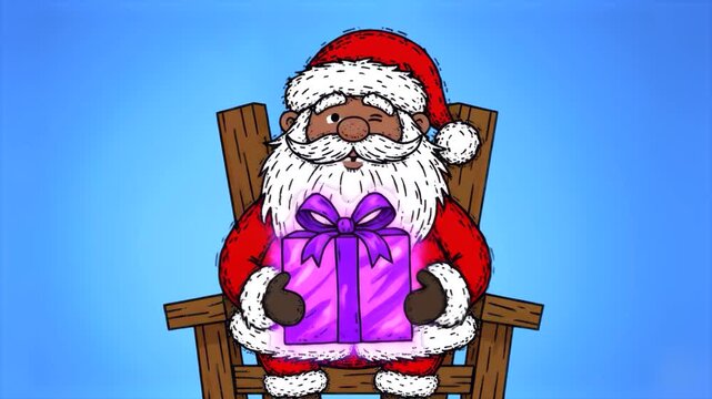 A cozy 2D cartoon animation of an African American Santa Claus sitting in a wooden armchair, smiling and holding a purple wrapped Christmas present with a bow. Set against a light blue backdrop, perfe