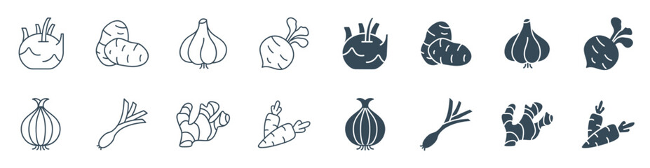 Fototapeta premium Root vegetable icon set with garlic, onion, ginger, carrot, and turnip in line and solid style