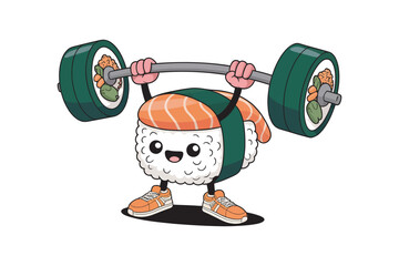 Fototapeta premium A cute sushi character lifting weights with sushi rolls on transparent background high-quality professional detailed modern elegant stylish clean crisp vibrant.