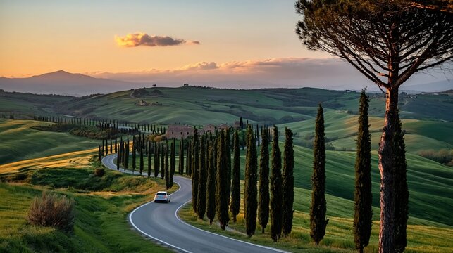 Route sinueuse bord&eacute;e de cypr&egrave;s traversant la campagne toscane au coucher