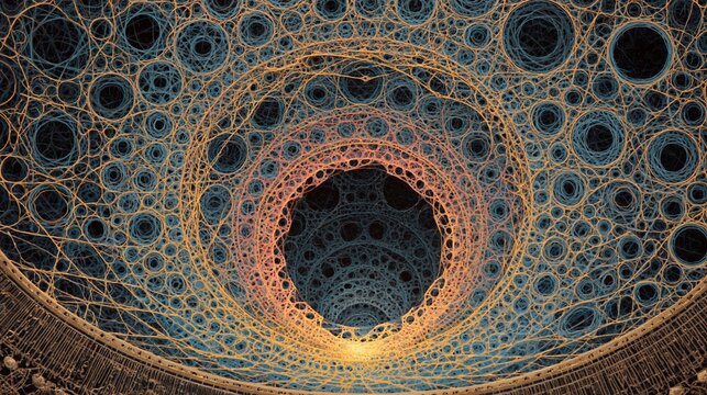Structure fractale complexe &eacute;voquant un tunnel infini aux motifs