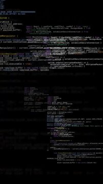 Seamless loop of programming code flying towards viewer. Vertical data space tunnel for cyber security and tech developer concept. AI vibe coding overlay.